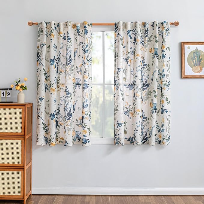 MYSKY HOME Linen Floral Kitchen Curtains 54 inch Long 2 Panels Set - Image 2