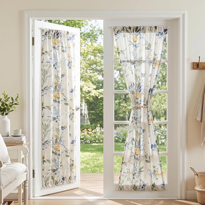 MYSKY HOME Floral Linen French Door Curtains Blue Farmhouse Privacy Door Window by MYSKYHOME