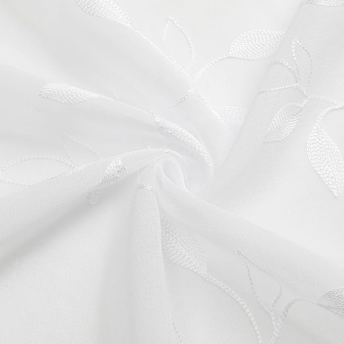 Tollpiz White Leaf Sheer Curtains Leaves Embroidered Living Room Short Curtain - Image 9