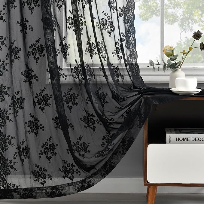 Kotile Black Lace Kitchen Curtains Rustic Floral W52 x L36 Inch, 2 Panels | Rod - Image 8