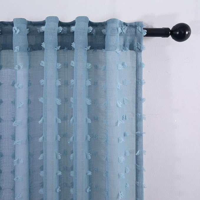 KOUFALL Grey Blue Curtains for Baby Nursery, Boho Pom Pom Light Filtering Sheer - Image 7