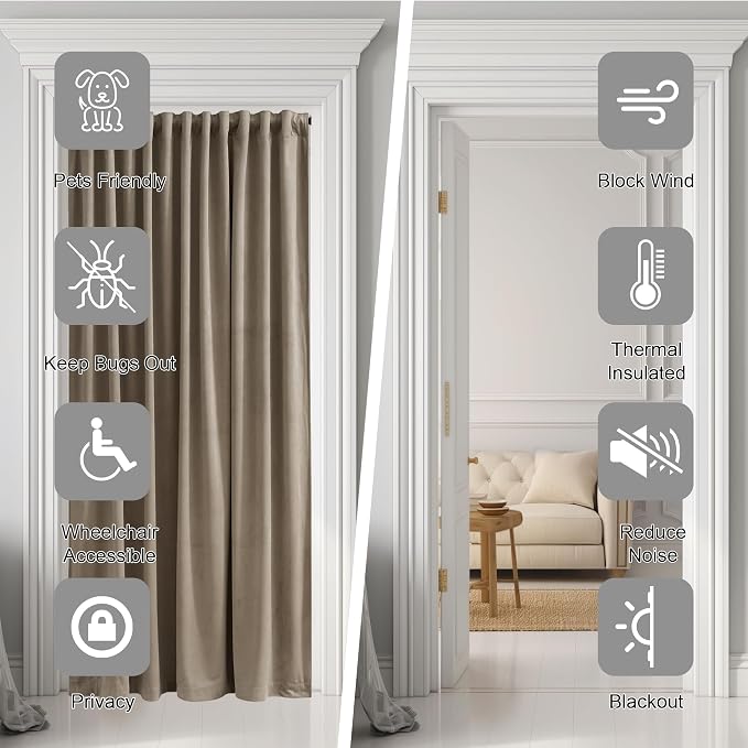 Camel Beige Velvet Curtains Back Tab Thermal Insulated Privacy Room Divider - Image 4