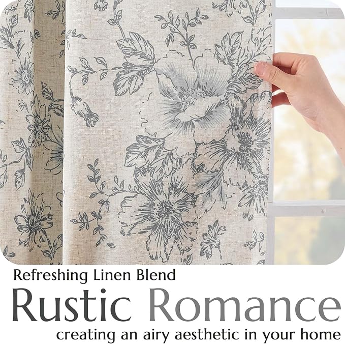 jinchan Grey Floral Linen Blackout Curtains Lined 96 Inch Back Tab 2 Panels | - Image 4
