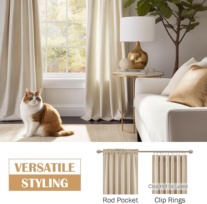 Beauoop Beige Velvet Curtains for Bedroom Living Room 52x96 2 Panels | Soft - Image 2