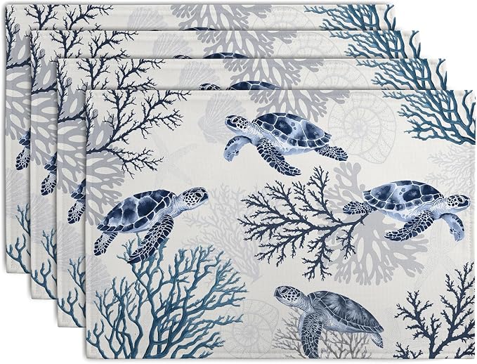 Coastal Beach Placemats Set of 4 Nautical Theme Coral Sea Turtle Navy Blue by Wnoesat