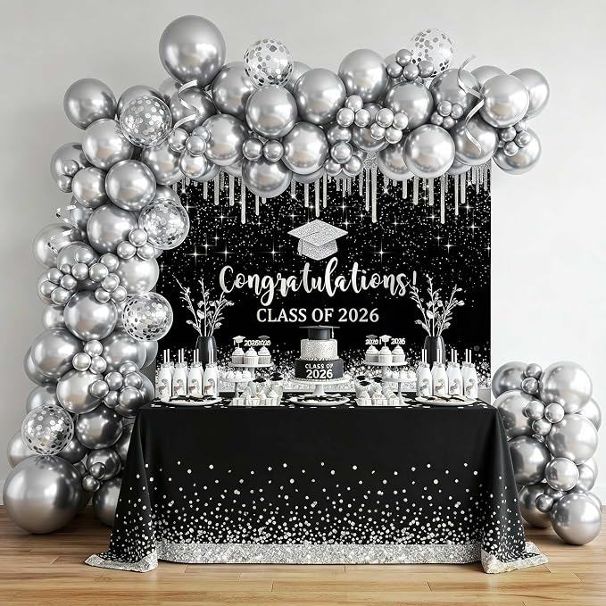 Mocsicka 10x7ft Class of 2026 Graduation Backdrop Black and Sliver Glitter 2026 - Image 2