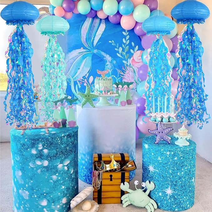 10-Inch Jellyfish Paper Lanterns, Under the Sea Party Decorations | 6-Pack Blue - Image 4