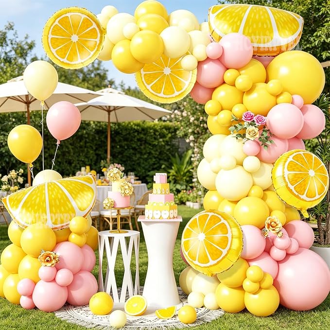 162Pcs Pastel Yellow Light Pink Lemon Balloon Arch Kit, Lemon Foil Balloons - Image 5
