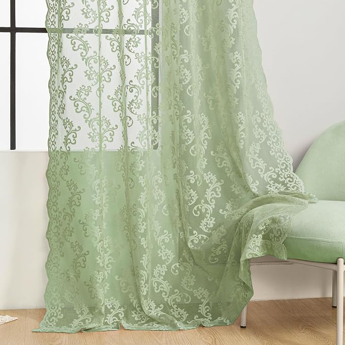 Sage Green Lace Curtains 84 Inches Long 2 Panels Country Vintage Sheer Lace by FOLKSIDEHomeDecoration