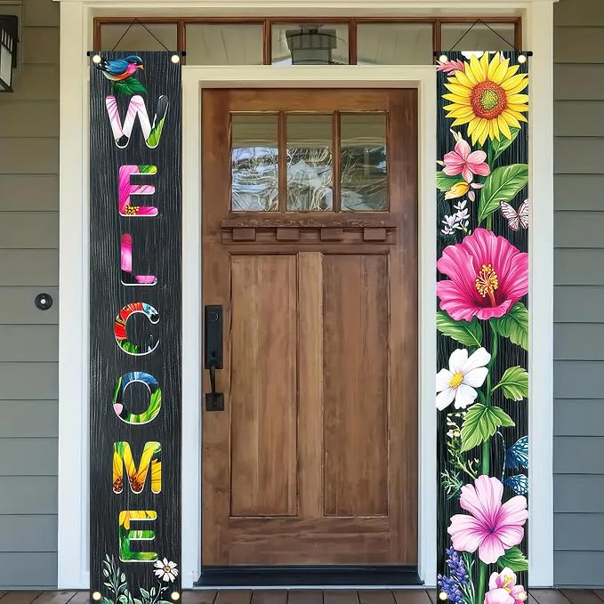 BlissYard 2 Pcs Welcome Floral Porch Banners Spring Summer Bird Butterfly - Image 5