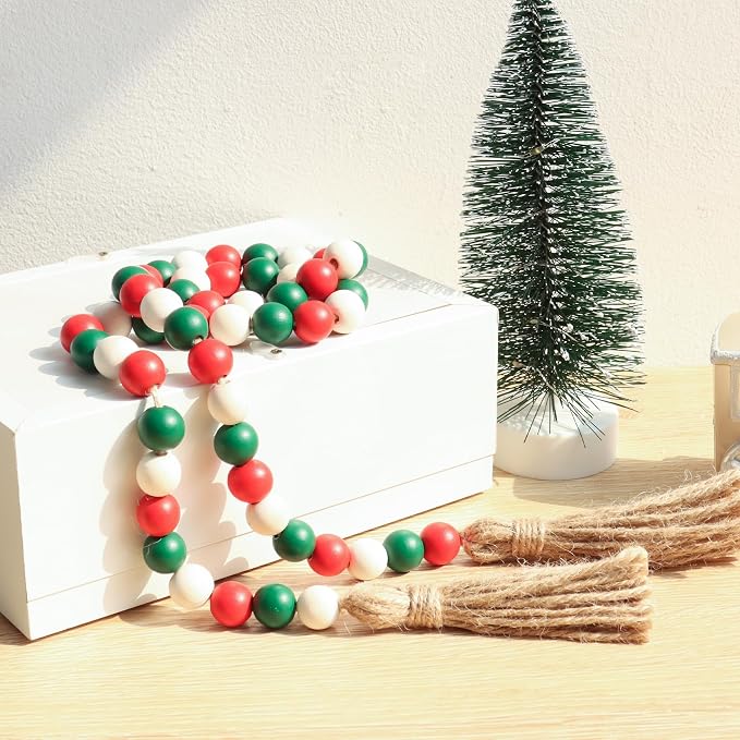 Meplait Wood Bead Garland, 39in Decorative Tassels Garland, Christmas | Natural - Image 5