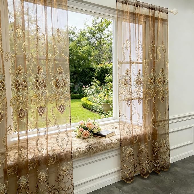 1pc Luxury Brown Embroidered Floral Sheer Tulle Curtain - Image 5