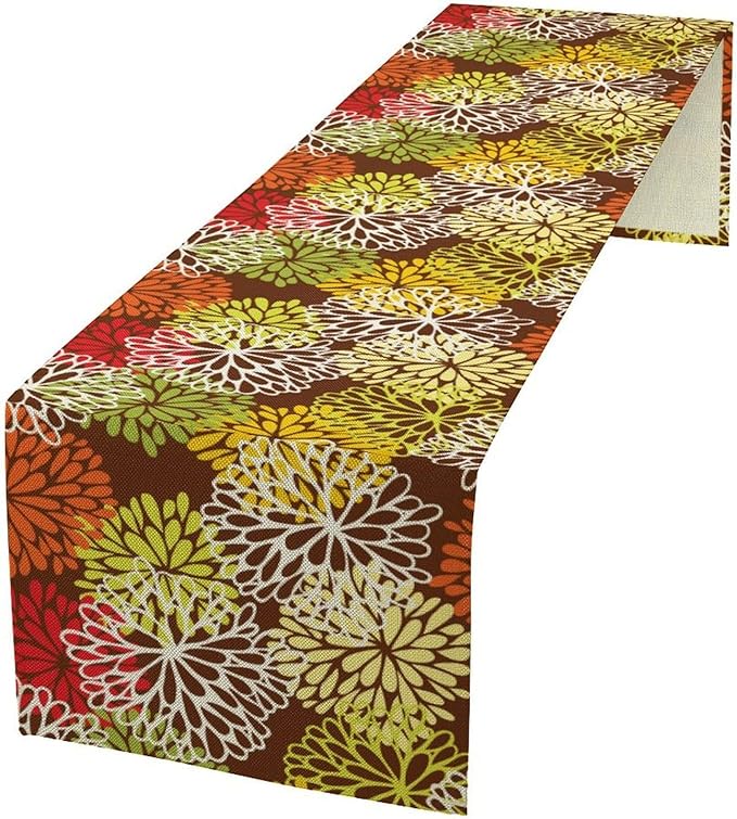 Brown Dahlia Floral Table Runner, Seasonal Autumn Thanksgiving Pattern Print for Home Kitchen Table Decor Dining Coffee Room Party Decor 13x120 Inch