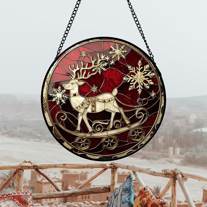 DASTOLL Stained Glass Window Hanging 4 Pcs Set Red Christmas Elk Snowflakes 6.3" - Image 3