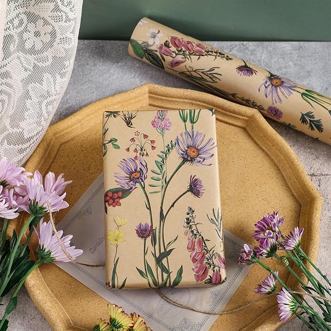 RUSPEPA Wildflower Floral Wrapping Paper Roll for Women, 17 Inches x 16. 4 Feet, Mini Roll, Herbal Kraft Wrapping Paper for Christian Gifts, Birthdays, Weddings, Bridal Shower and Engagement