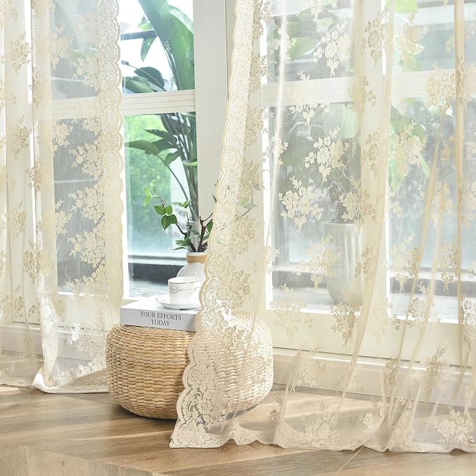 Kotile Beige Lace Curtains for Bedroom Rustic Floral 42 x 63 Inch, 2 Panels | - Image 7