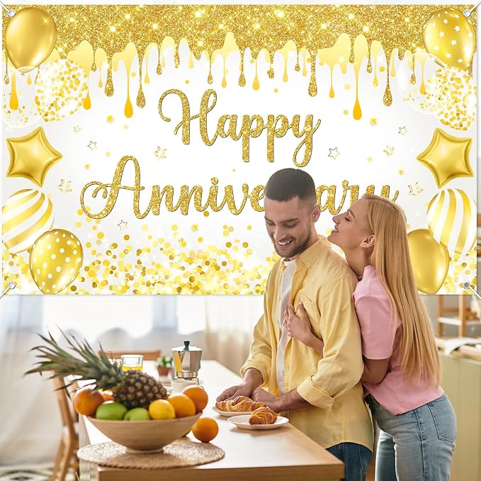 Mocsicka Happy Anniversary Banner White Gold Happy Anniversary Party - Image 5