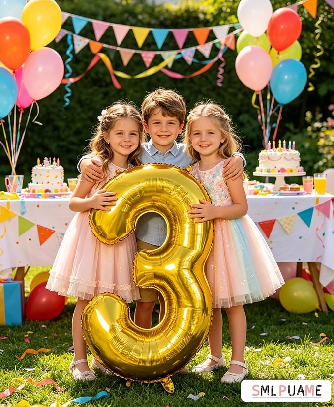 40 Inch Gold Number 3 Balloon, 3rd Birthday Decoration Boys Girls | Large Self - Image 2