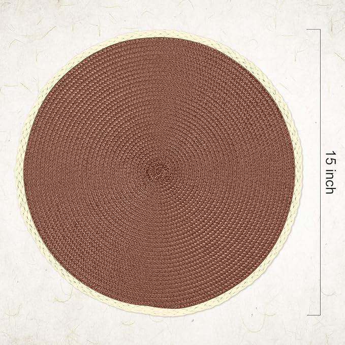 Round Placemats Set of 6, Woven Table Mats, Thin Edge, Chestnut Brown | Braided - Image 2