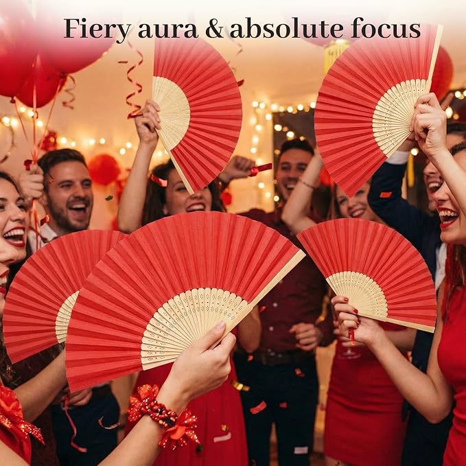 JOHOUSE 12 PCS Red Paper Folding Hand Fans, 8.3 Inch Foldable Handheld | Fans - Image 3