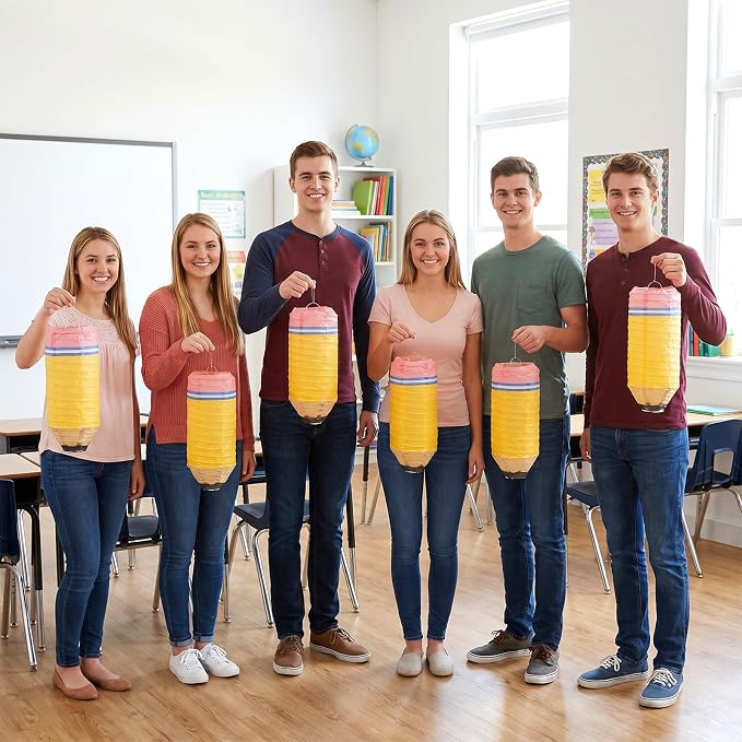 12 Pcs Yellow Pencil Hanging Paper Lanterns Back to School Classroom Decor | - Image 5