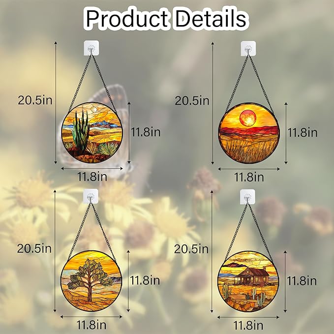 Stained Glass Window Hanging 4 Pcs Set Desert Sunset Theme Landscape Large 11.8" - Suncatcher Door Garden Sun Catcher Decor Birthday Christmas for Mom Woman Nana Men
