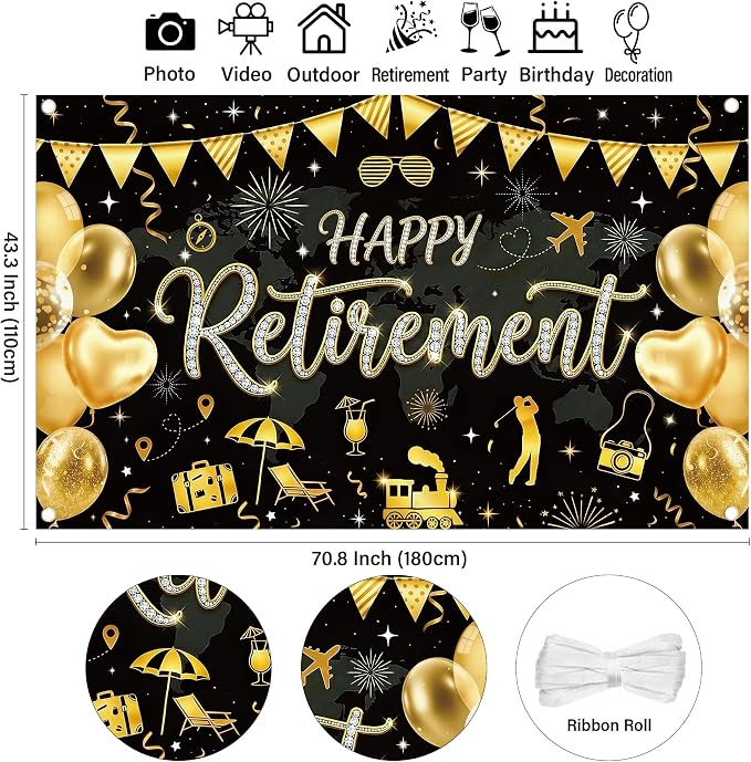 Happy Retirement Black Gold Backdrop - Image 3
