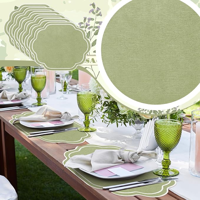 6 Pcs Sage Green Wedding Placemats Scalloped Embroidered Cotton Linen Placemats - Image 2