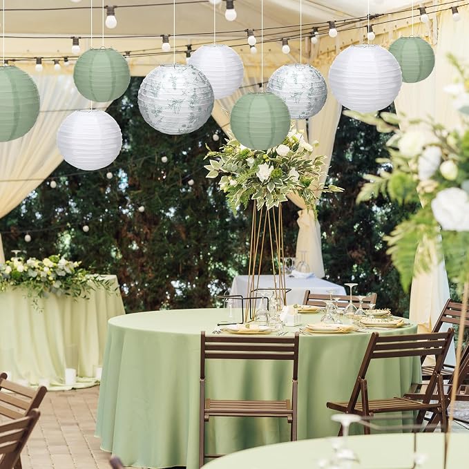 Riakrum 18 Pcs Floral Paper Lantern Set 10" 8" Sage Green and White Flower - Image 4
