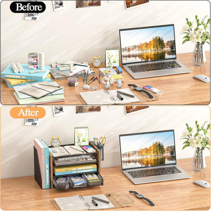 Wooden Desk Organizers and Accessories with File Holder, 4-Tier Paper File Organizer with Drawer & 2 Pen Holders, Office Desk Accessories, Desktop Organizer and Storage for Home Office Supplies