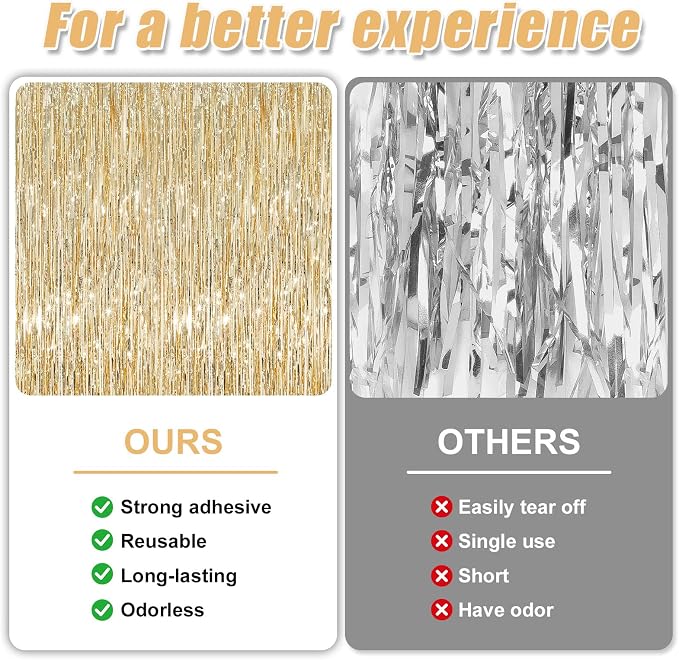 3 Pack 3.3 x 9.9 ft Champagne Gold Tinsel Streamers Party Decorations | Foil - Image 3