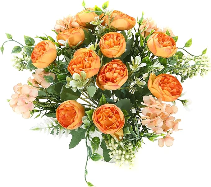 Artificial Flowers Fake Peony Silk Mini Plastic Bridal Flowers for DIY Wedding Bouquets Home Decorations 2 Packs(Orange)