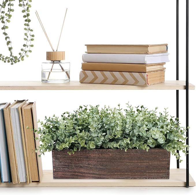 Winlyn 14" Artificial Eucalyptus in Rectangular Wood Planter Box Faux Plants - Image 9