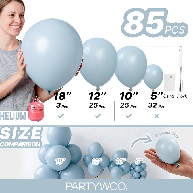 PartyWoo Dusty Blue Balloons 85pcs Light Blue Aqua Boho Color | 18 12 10 5 Inch - Image 6