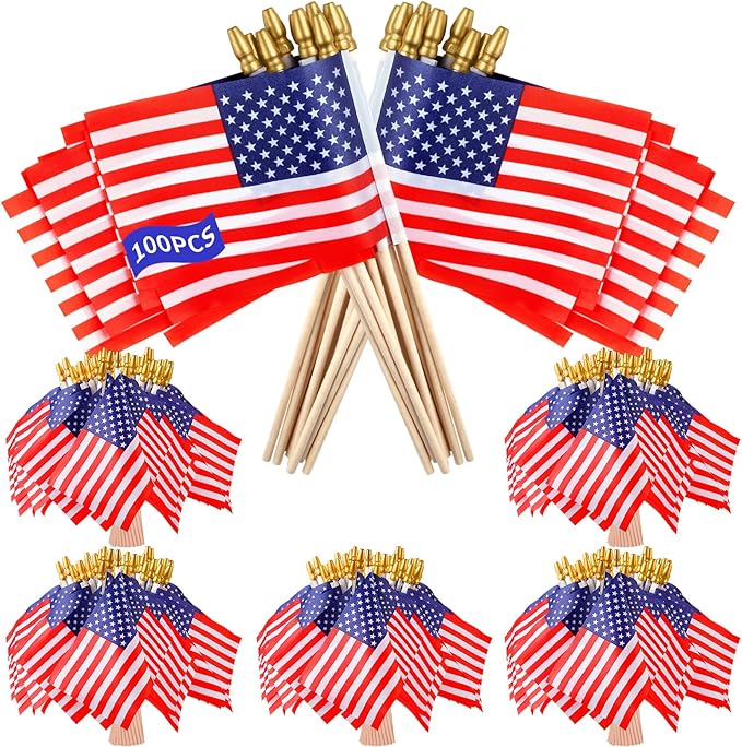100pcs Small American Flags on Stick, Handheld 8 x 12 Inchs Mini American Flags with Kid-Safe Golden Spear Top, US Flags for 4th of July Decorations Outdoor, Independence Day Decorations