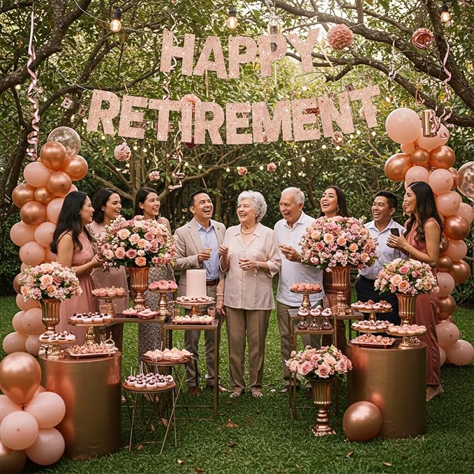 Glitter Rose Gold Happy Retirement Banner Pre-Strung Retirement Party - Image 4