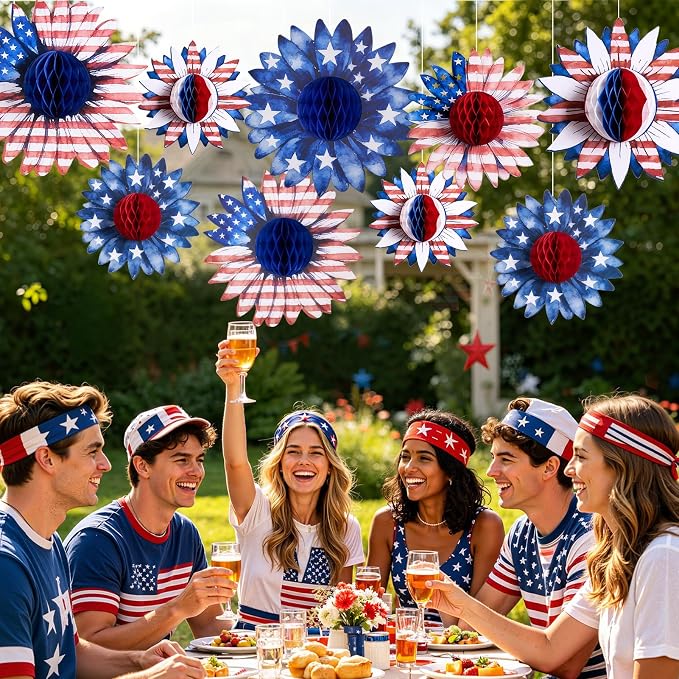 SUNBEAUTY 4th of July Patriotic Decorations Red White Blue Hanging Honeycomb - Image 7