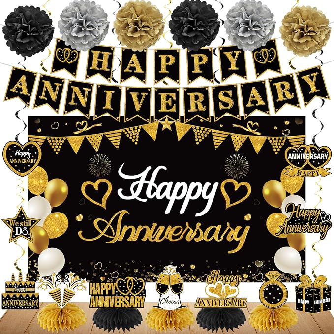 Turypaty Happy Wedding Anniversary Decorations Kit Supplies Black Gold | Large by Turypaty