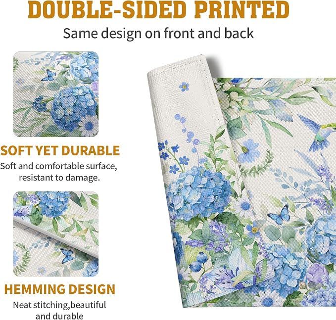 Blue Hydrangea Placemats Set of 4 Spring Summer Floral Green Leaf Bird Table - Image 5
