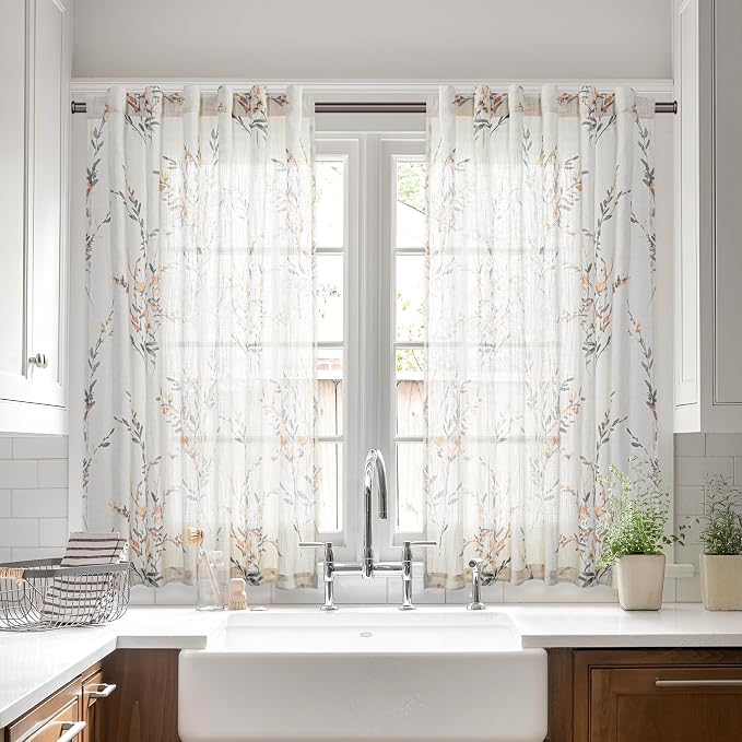 MYSKY HOME Kitchen Window Curtains Linen Sheer Drapes 45 Inches Long Floral by MYSKYHOME