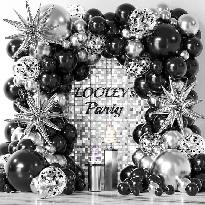 LOOLEY 137Pcs Black and Silver Balloons Garland Arch Kit w Stars by LOOLEY