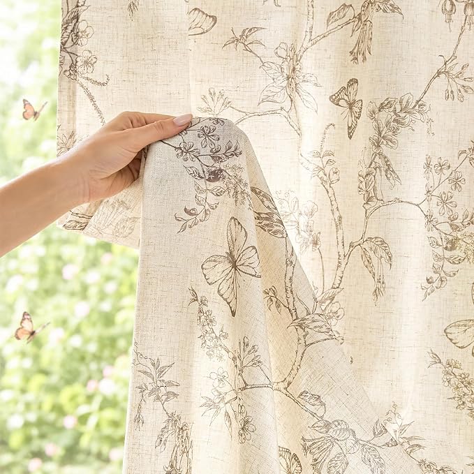 Taupe Floral Linen Curtains Farmhouse Rod Pocket 50W X 90L 2 Panels | Charlotte - Image 9