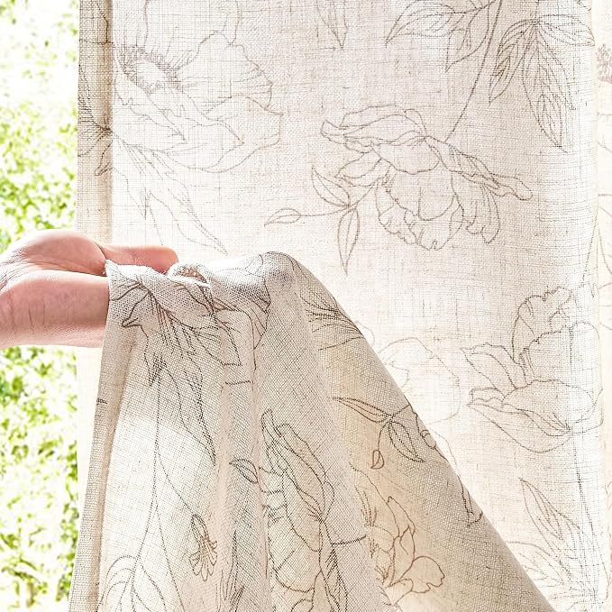 jinchan Floral Linen Curtains for Living Room 63 Inch Length Taupe Flower - Image 3