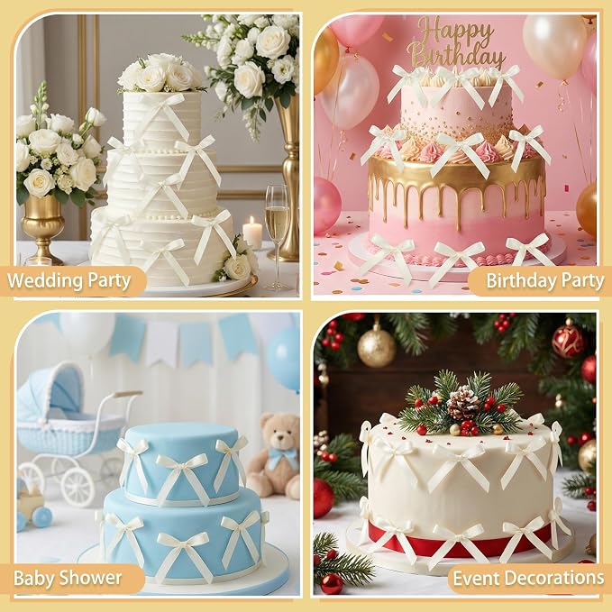 30 Pack Ivory Bow Cake Toppers, Ribbon Bows - Image 6