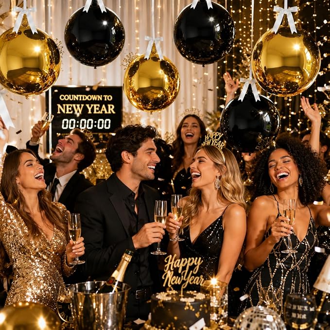 8 Pcs Black Gold Round Foil Balloons 22 Inch Metallic Gloden Black 4D Ball - Image 6