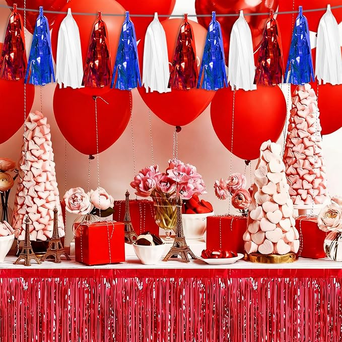 3P White Blue Red Tassel Banner Garland Metallic Foil Fringe Banner Tinsel - Image 6