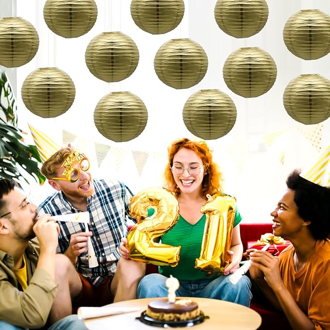 Gold Paper Lanterns Chinese Japanese Hanging Round Ceiling Lanterns 8 in | - Image 5