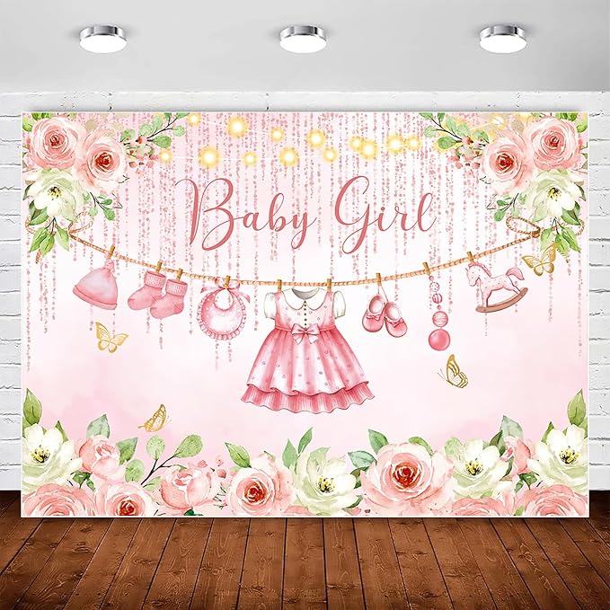 InMemory Pink Floral Baby Girl Baby Shower Backdrop Banner Decorations by InMemory