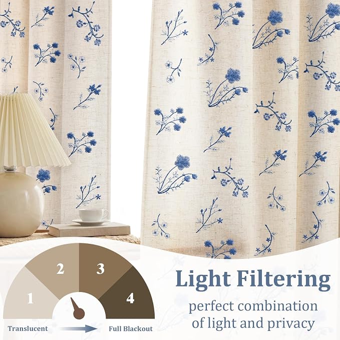 Blue Floral Embroidered Light Filtering Curtains 84 Inch 2 Panels | Linen Blend - Image 3