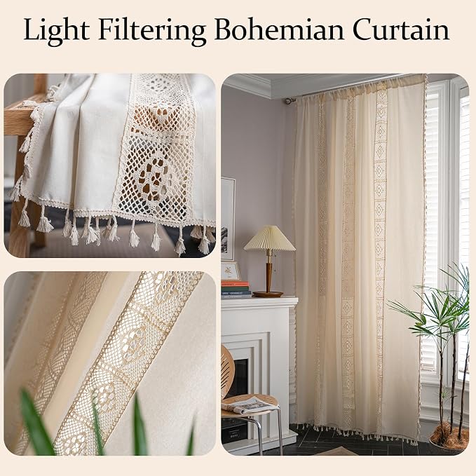 Sutuo Home Boho Curtains Crochet Lace Patchwork Semi-Blackout Bohemian Handmade - Image 3
